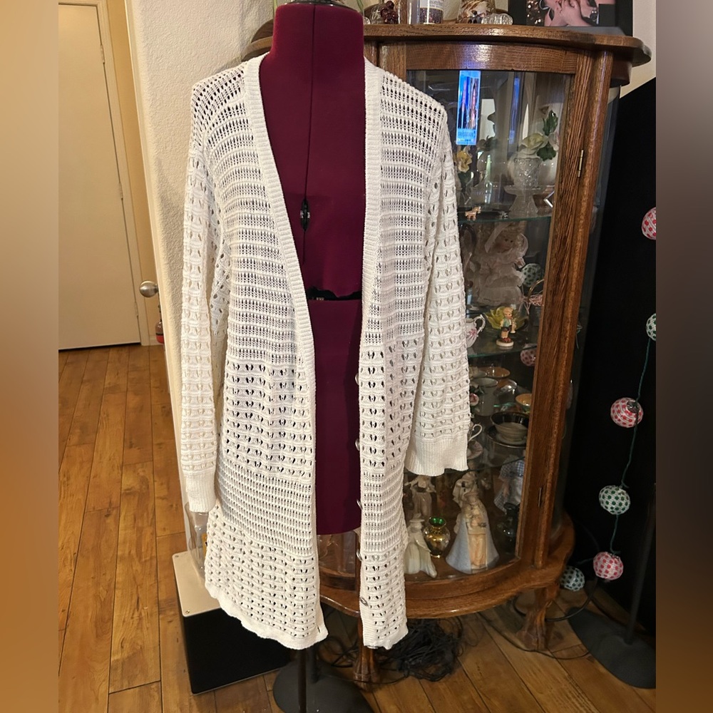 DKNY JEANS Off White Cardigan Button Down Silver Logo On Buttons.